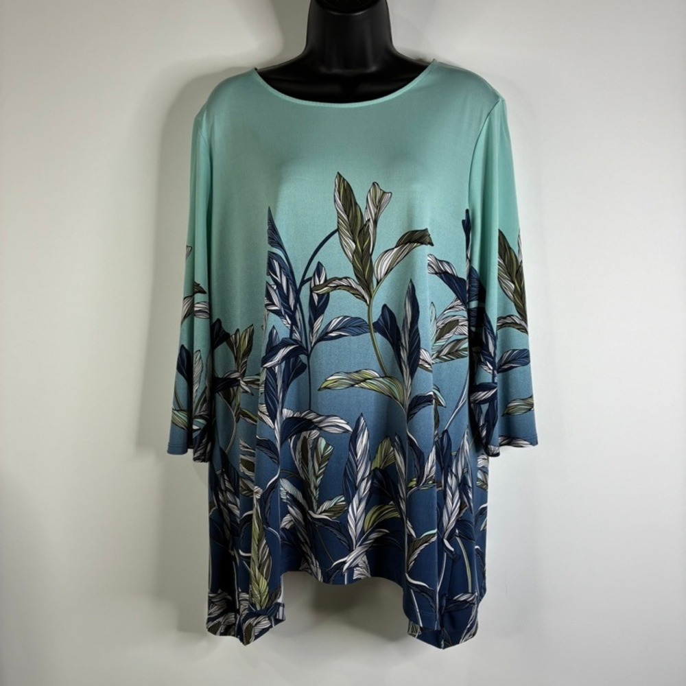 Easywear by Chico's Ombre‎ Leaf Print Boat Neck 3/4 Sleeve Tunic Top Size 2 (Lg)